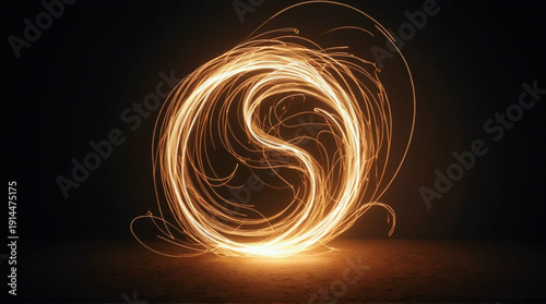 Vibrant swirling light trails create dynamic energy in darkness