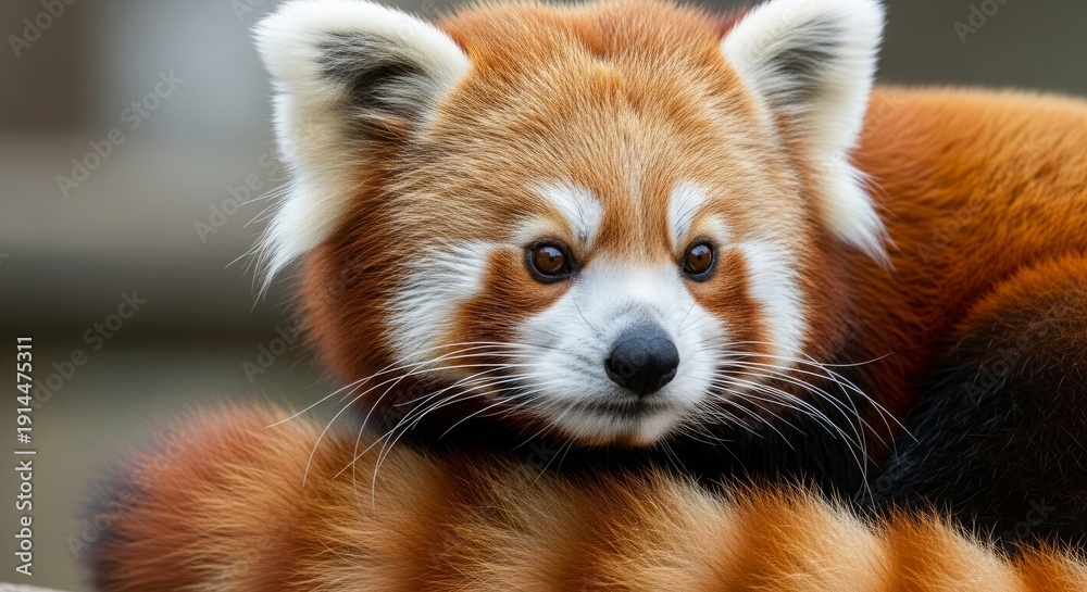 Obraz premium Red panda resting on a tree branch in temperate forest, showing reddish fur and bushy ringed tail. A shy arboreal mammal native to the Himalayas and southwestern China.