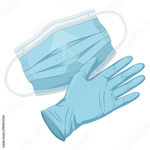 Blue medical mask and latex glove for protection against viruses and bacteria