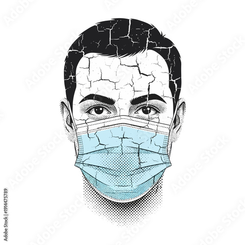 Cracked Face Mask on Man's Face - Health Crisis Symbol