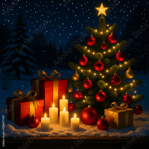 Wallpaper Mural Brightly lit Christmas tree adorned with red and gold ornaments stands beside beautifully wrapped gifts and shining candles, creating a warm holiday atmosphere on a snowy night Generative AI Torontodigital.ca