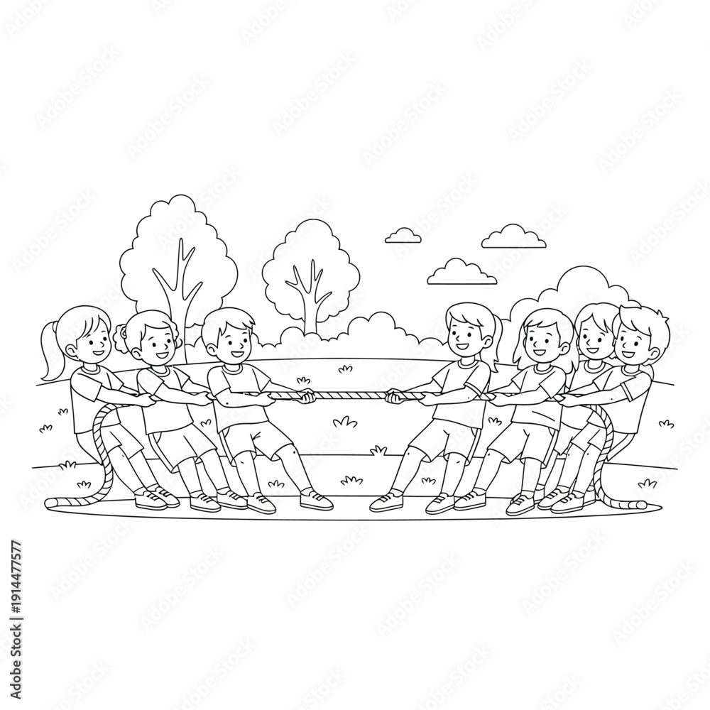 Fototapeta premium Group of happy children playing tug of war in the park coloring page.