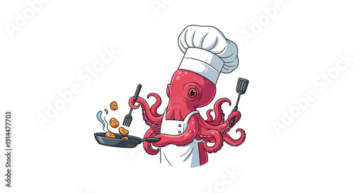 Cartoon Octopus Chef Cooking in Kitchen.