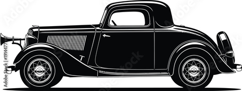 Classic black 1930s style coupe hot rod with a trumpet horn detailed side profile vector illustration.