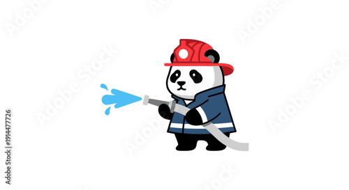 Cartoon Panda Firefighter Holding Firehose.