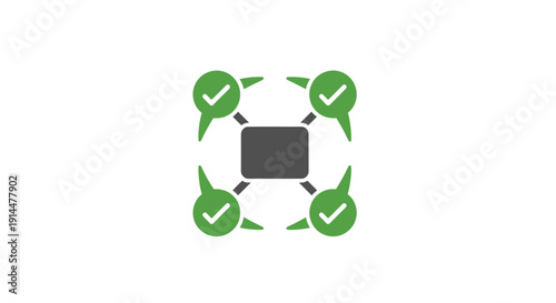 Green Checkmarks Surrounding Central Square Icon.