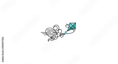 Hand drawn cartoon mouse flying kite.
