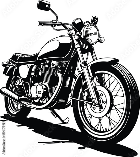 Classic vintage motorcycle illustration in black and white shown from a dynamic threequarter front view with a bold shadow.