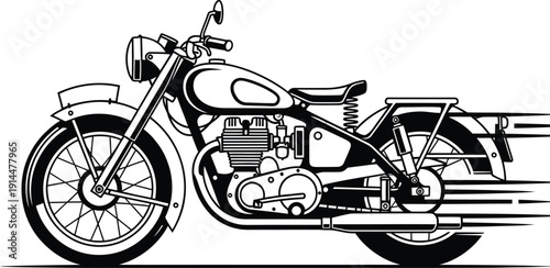 Classic vintage motorcycle in a black and white line art illustration shown in a dynamic side view.