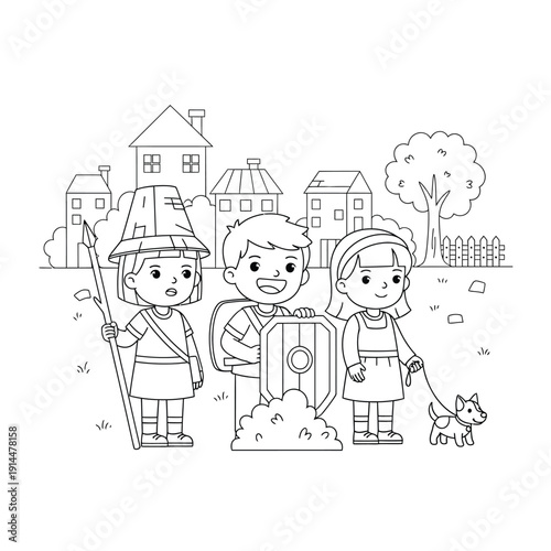 Line art coloring page featuring three happy children in costumes with a small dog, playing outdoors in a charming village setting.
