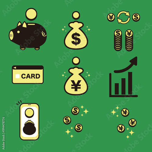 Money and Finance Icon Set. Images for Credit Card, Mobile Payment, Savings, and Investment