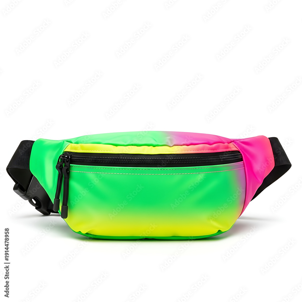 Naklejka premium Neon Green and Pink Ombre Fanny Pack Waist Bag with Black Strap and Zipper