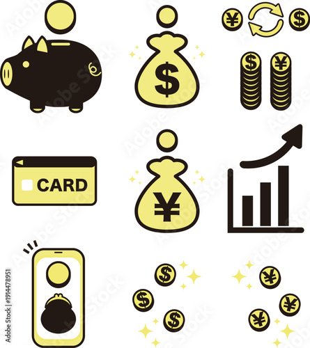 Money and Finance Icon Set. Images for Credit Card, Mobile Payment, Savings, and Investment