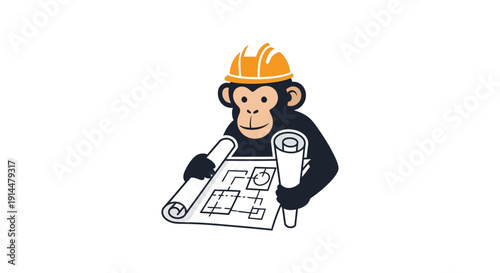 Monkey Wearing Hard Hat Examining Blueprint.