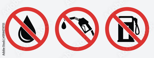 No fuel, no oil, no petrol pump, forbidden diesel and gasoline vector icon collection, includes red prohibition symbols