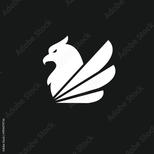 White Stylized Eagle Bird Logo with Open Wings on a Black Background