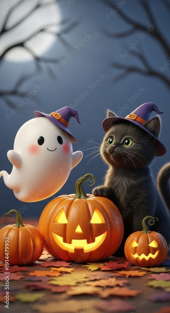 Obraz premium Halloween Night - Ghost, Cat, and Pumpkins Under the Moonlight.