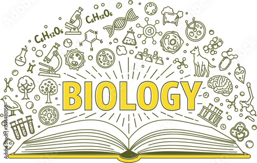 Biology education concept illustration with open book microscope DNA molecule cells and nature icons for science and learning.