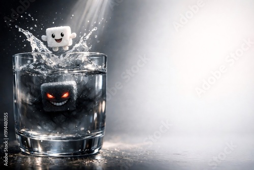Conceptual image showing a cute cube character jumping into water while a dark and evil version lurks beneath the surface. Symbolizing hidden risk, deception, cybersecurity threats, toxic behavior