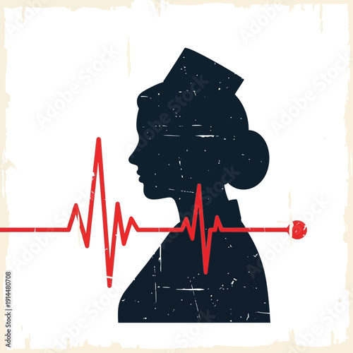 Nurse Silhouette with EKG Heartbeat Line
