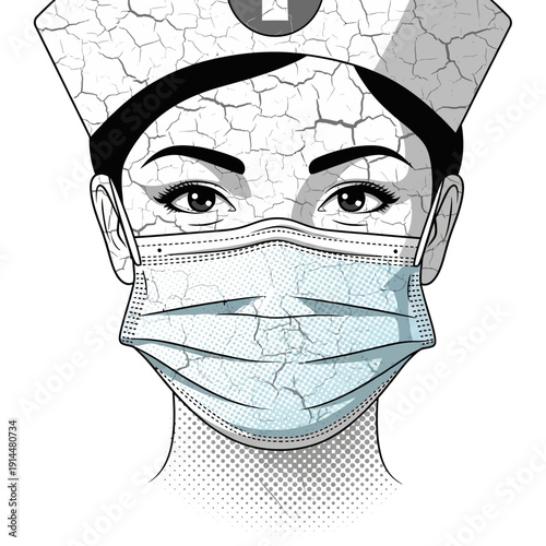 Nurse with cracked mask and cap, symbolizing burnout, fatigue, and stress.
