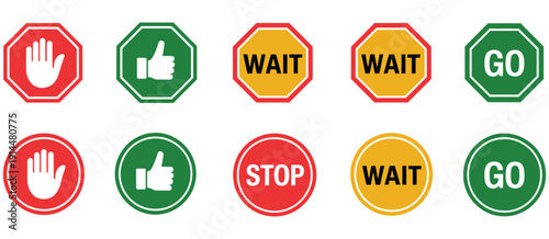 Stop, wait and go traffic sign icon collection, featuring red, yellow and green signal symbols, vector illustrations for traffic control, public safety, road signage, transportation projects