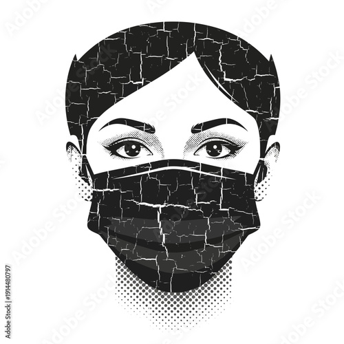 Woman's face with cracked mask, black and white illustration
