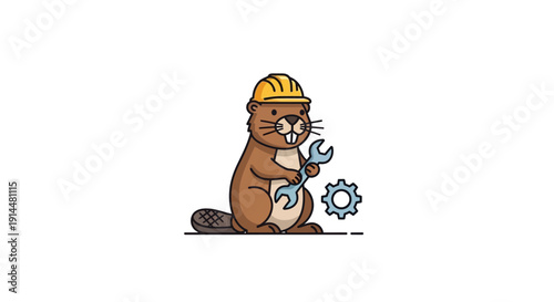 Beaver wearing hard hat holding wrench.