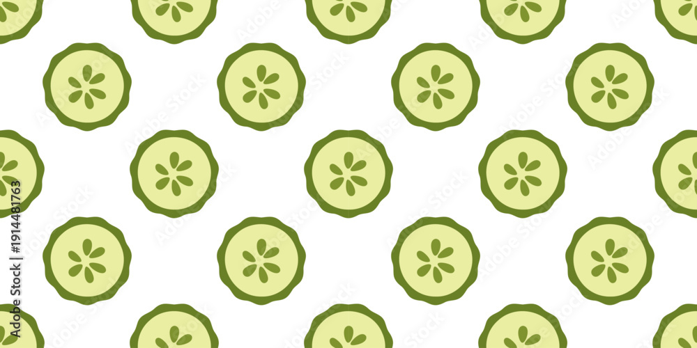 Fototapeta premium Seamless pattern with stylized cucumber slices arranged in a regular grid. The main element is a top view vegetable cross section. The design conveys freshness and a clean healthy food concept.