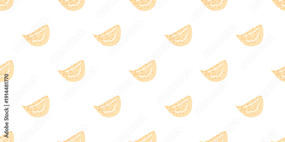 Obraz premium Seamless pattern with stylized garlic cloves arranged in a regular rhythm. The main element is a peeled clove in top view. The design reflects a simple culinary ingredient theme.