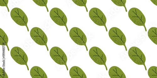 Seamless spinach leaf pattern with textured green foliage. Minimal botanical design inspired by fresh harvest and healthy organic cooking.