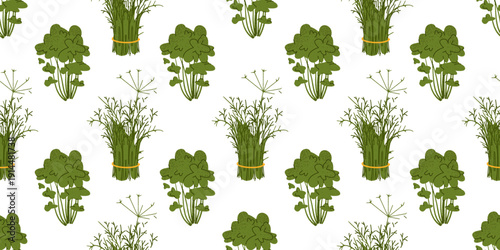 Seamless pattern set featuring fresh herbs and green vegetables including cilantro, dill, spinach and cucumber. The collection presents cohesive botanical food designs in a natural style.
