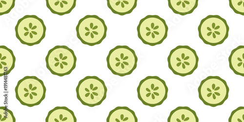 Seamless pattern with stylized cucumber slices arranged in a regular grid. The main element is a top view vegetable cross section. The design conveys freshness and a clean healthy food concept.
