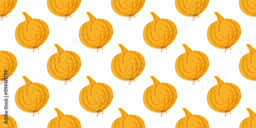Seamless pattern with stylized yellow onion bulbs arranged in a regular rhythm. The main element is a whole bulb with root detail. The design reflects a simple culinary ingredient theme.