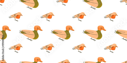 Seamless pattern with stylized ducks and small birds arranged on a light background. The main focus is warm colored wildlife in side profile. The design creates a calm natural decorative rhythm.