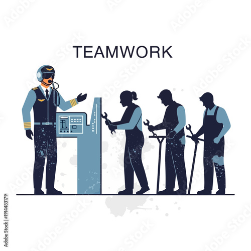 Teamwork concept: Pilot instructing mechanics at control panel