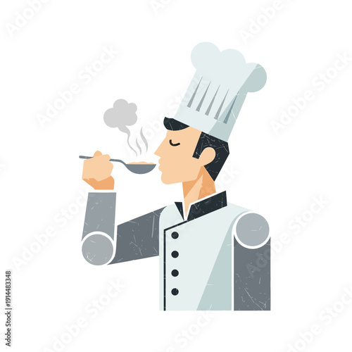 Chef tasting soup with spoon, steam rising from dish