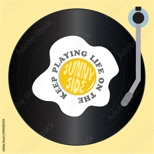 Keep Playing Life on the Sunny Side - Record Player with Fried Egg Illustration Yellow 