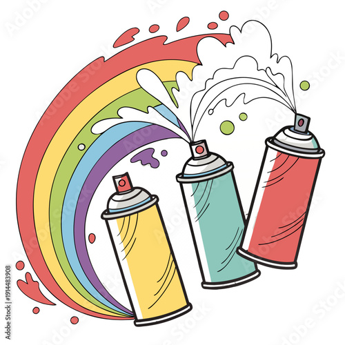 Creative artist using spray cans to paint a vibrant rainbow in the sky