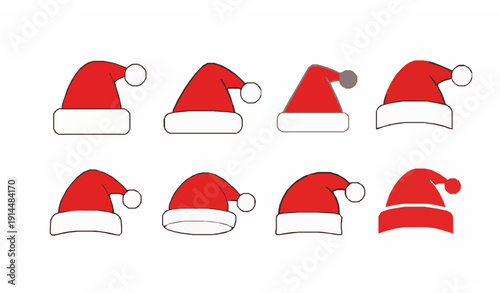 Minimal Flat Santa Hat Icon Set Red Christmas Caps Vector Isolated on White Background