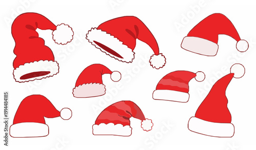 Cute Doodle Santa Claus Hats Red Christmas Cap Vector Collection on White Background