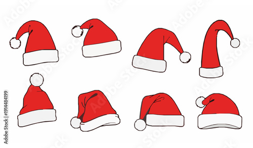 Red Christmas Santa Claus Hats Hand Drawn Simple Vector Set Isolated on White Background