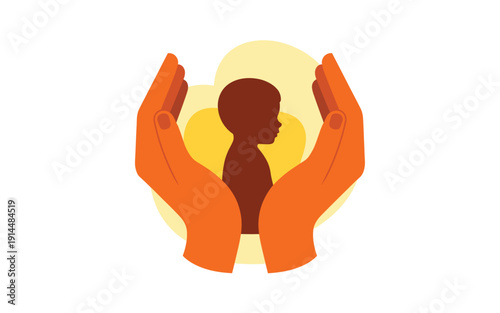 A vector graphic illustration of two hands cradling a person's silhouette with a yellow glow, symbolizing protection and care.