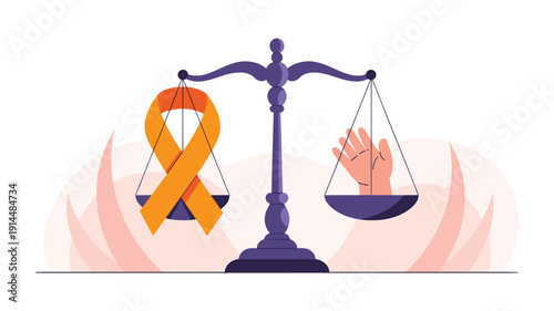 A vector graphic illustration of a scale balancing a cancer awareness ribbon and a fist, symbolizing strength and justice.