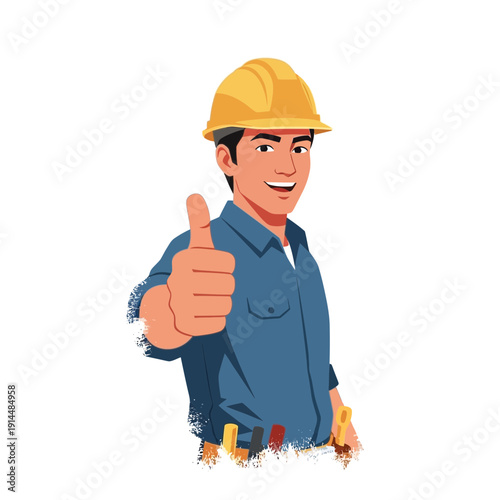 Construction worker giving thumbs up, safety helmet, blue uniform, white background