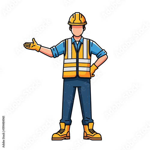 Construction Worker Gesturing Invitation, Safety Vest, Hard Hat, Workwear