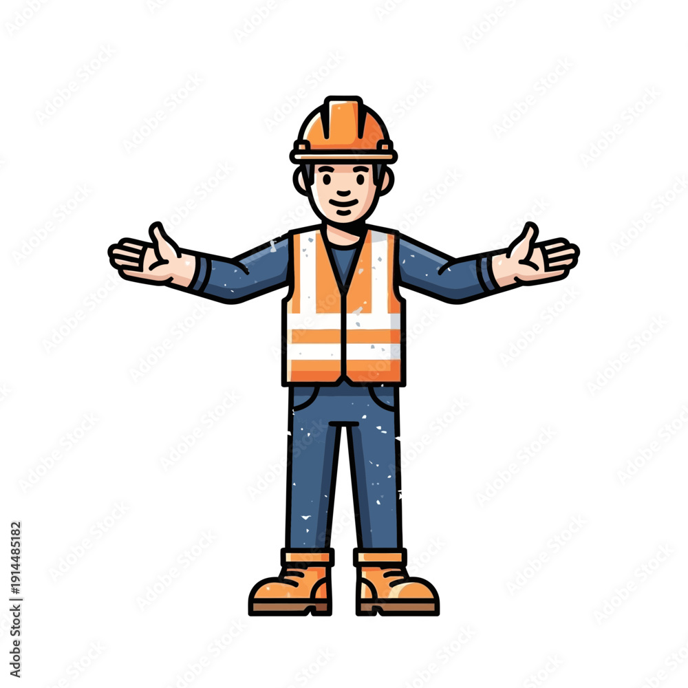 Fototapeta premium Construction worker with open arms, wearing hard hat and safety vest