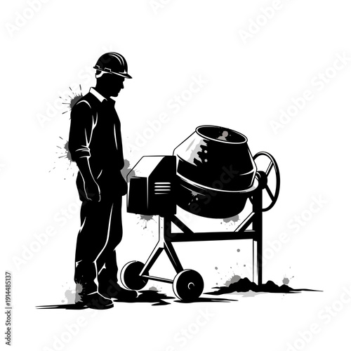 Construction worker with concrete mixer, silhouette illustration