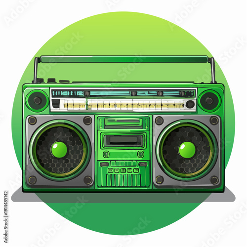 A green vintage boombox with speakers is displayed prominently.