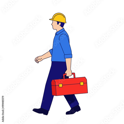 Construction worker with toolbox walking isolated on white background